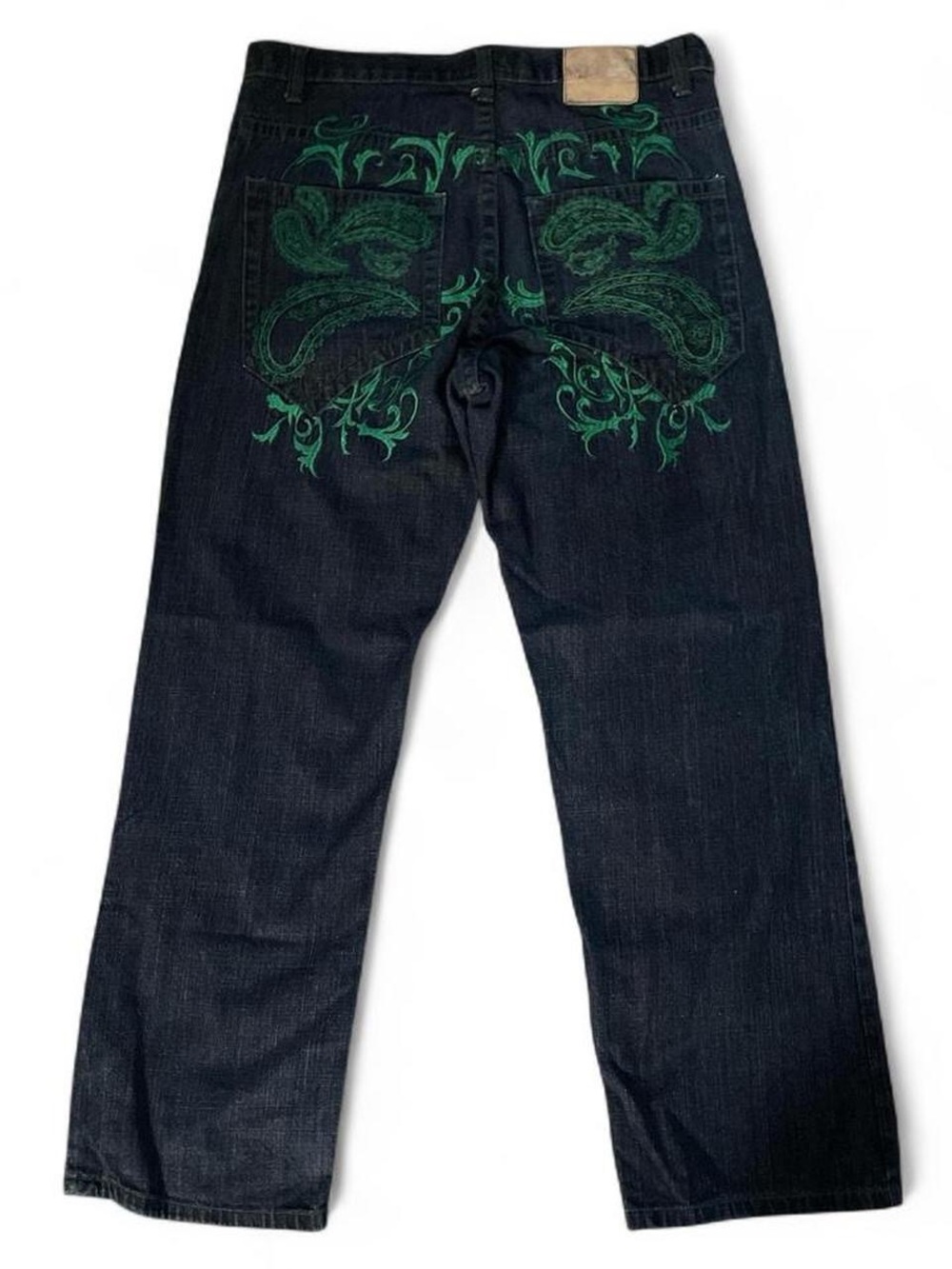 Red Ape Authentics Y2K Baggy Dark Wash Denim Jeans with Green Tribal Paisley Emb